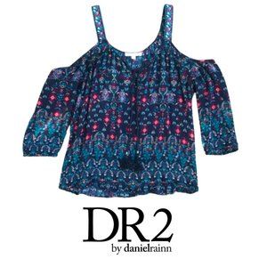 DR2 DANIEL RAINN Blouse Cold Shoulder Flowy Boho Tassel Vibrant Navy Print